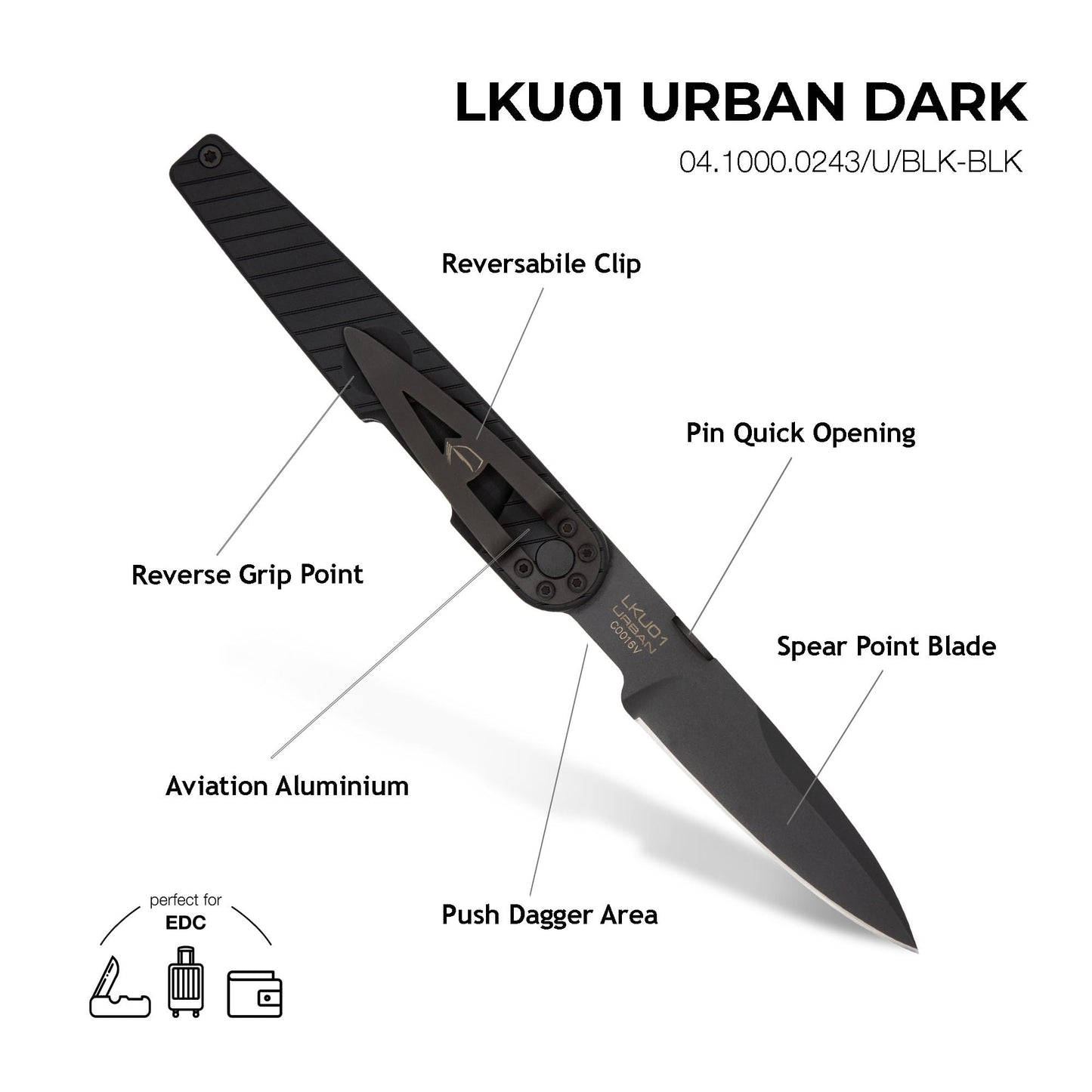 Extrema Ratio - LKU01 (Urban Dark), Böhler N690 Steel Blade 58 HRC, Black Burnished Finish, Smooth Aluminum Handle, Compact Design, Italian Craftsmanship