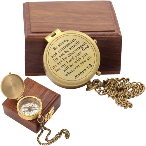 Be Strong And Courageous, Joshua 1:9, Solid Brass Directional Engraved Compass - Baptism, First Communion, Confirmation Gift for Boys, Girls, Men - Christian Catholic