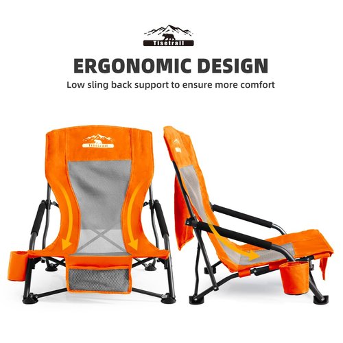 Tisetrail Portable Beach Chair for Adults Low Back Sling Chair with Cup Holder Folding Mesh Sand Chair Lightweight Lawn Chair for Beach Lawn Camping Concert Travel, Supports 300lbs, Orange