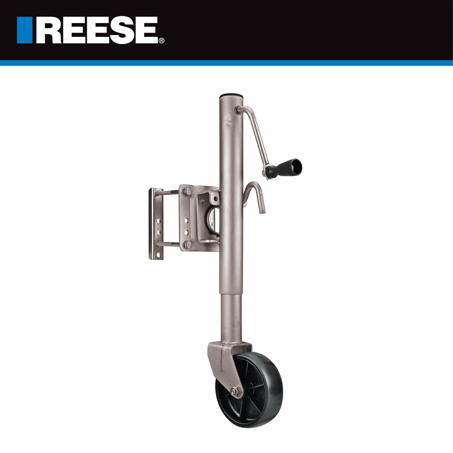 Reese Towpower 74410 Round Trailer Jack, Side Mount, 1,000 lbs. Lift Capacity, Sidewind, Bolt-On, 10 Inch Travel, 6-Inch Wheel