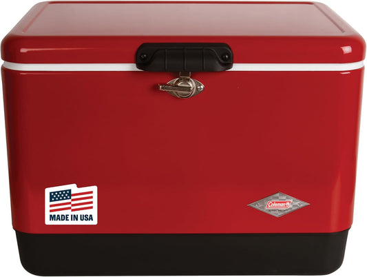 Coleman Vintage 54qt Steel Belted Cooler, Keeps Ice Up to 4 Days, 85-Can Capacity Hard Cooler with Drain & Have-A-Seat Lid