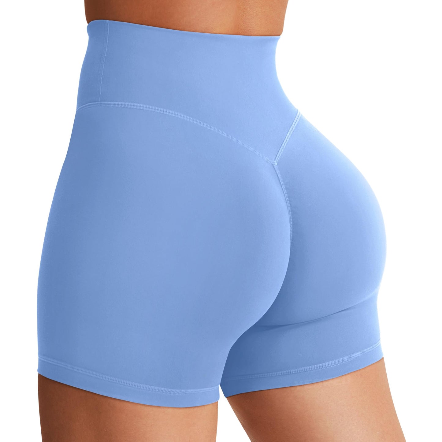 YEOREO Women's Biker Shorts 4.5" / 6" Workout Gym Shorts Craze High Waist Tummy Control Hidden Scrunch Running Yoga Shorts Light Blue
