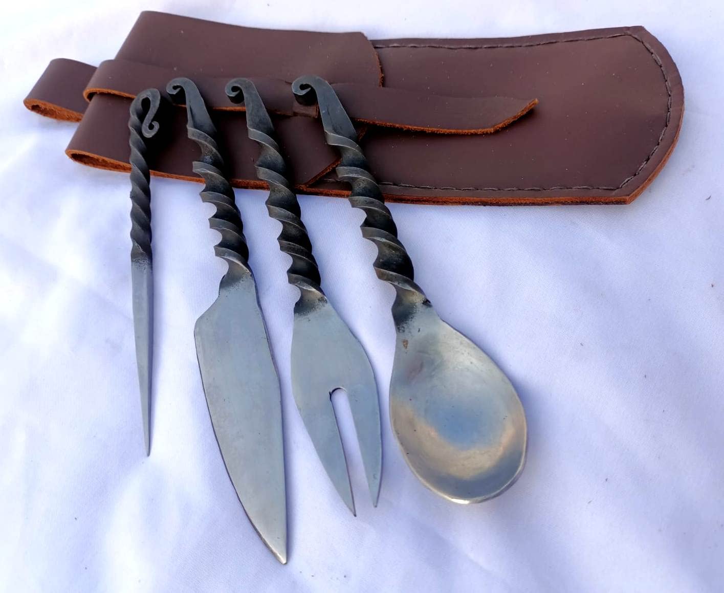 Viking Traders Hand Forged Twisted Medieval Eating Utensil Set | Functional Fork Knife Spoon And Food Stick | Medieval Eating Set, With Genuine Leather Carrying Pouch - Set 4