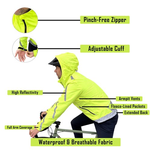 ReflecToes Reflective Windbreaker Jacket for Cycling and Running - High Visibility Cycling Jacket with Hood And Pit Vents (US, Alpha, XX-Large, Regular, Regular, Standard, Yellow)