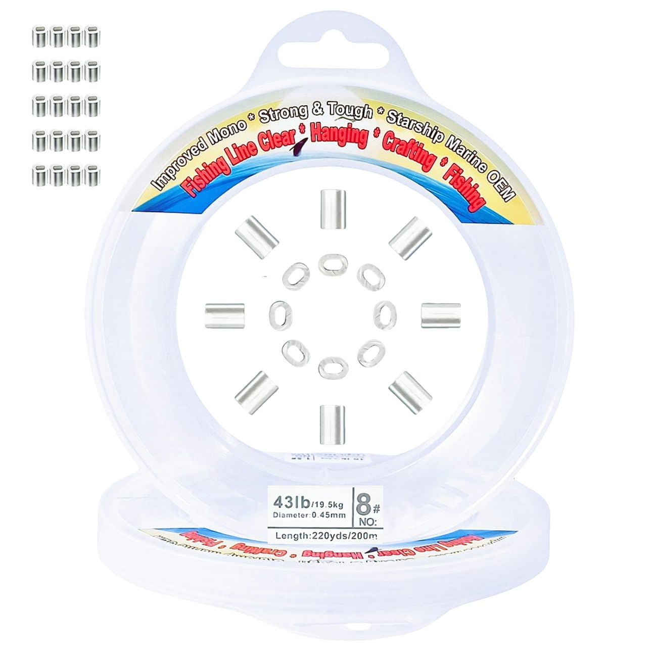 Aboda Clear Fishing Line, Fishing Wire for Hanging Beading Crafts w Crimp Sleeves, Strong Clear String for Hanging Decorations, Invisible Nylon Threads Cords for Balloons Garlands Jewelry Making