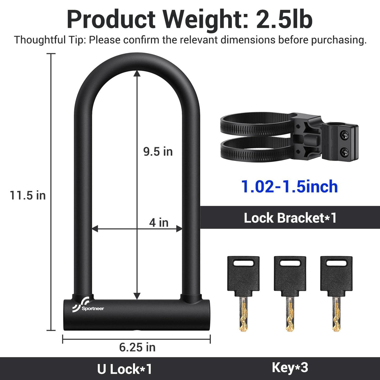Sportneer Bike U Lock - 18mm Shackle Heavy Duty Anti Theft Bike Locks with 3 Keys - Bicycle U-Locks with Sturdy Mounting Bracket for Road, Mountain, Electric & Folding Bike, Size 11.5''x6.25''