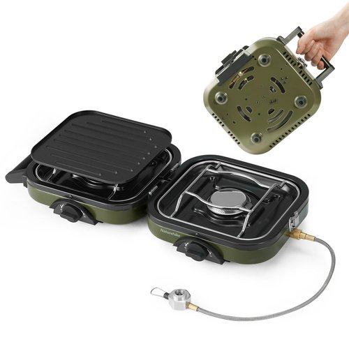Naturehike 2-in-1 Gas Camping Stove, Frying Pan, Stove with Adjustable Burners, 88.18 oz, Carrying Handle, Portable, Iron SkilletPerfect for Camping & Hiking, Emergency Cooking Stove, Christmas party