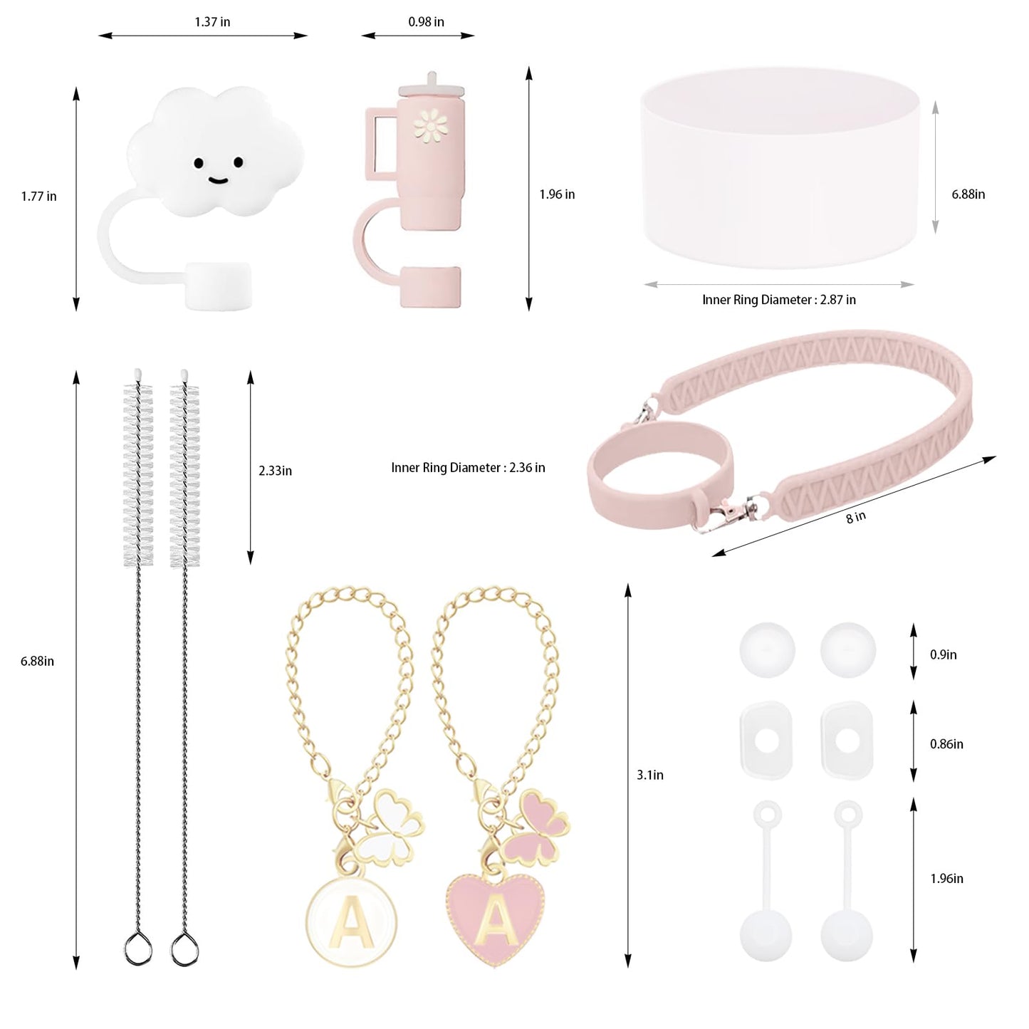 10Pcs Stanley Cup Accessories 9-10mm Stanley Straw Cover Topper Silicone Boot For Stanley Cup Initial Letter Charm Leak Proof Seal Kit Stanley 2.0 30&40oz (Rose Quartz,S)