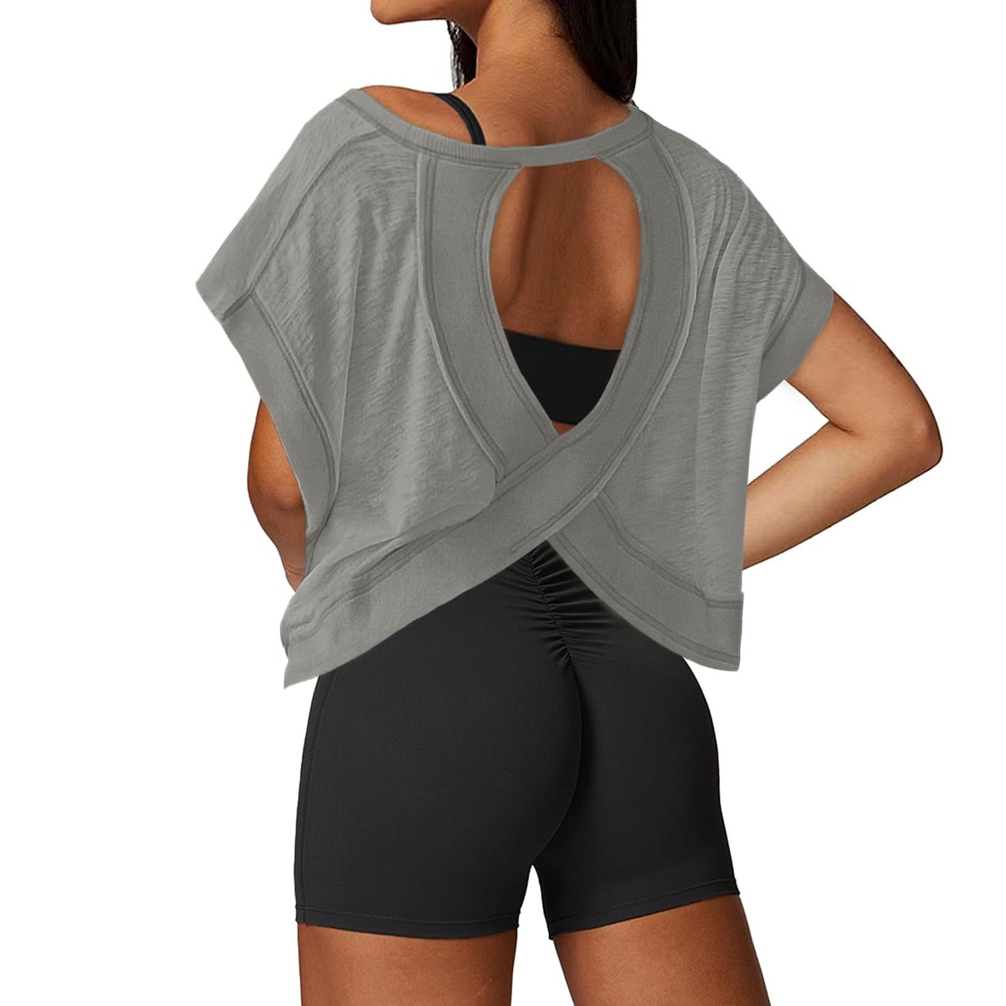 UNIANKIYA Open Back Workout Tops for Women Loose Fit Athletic Crop Tee Short Sleeve Gym Running Yoga Shirt Grey