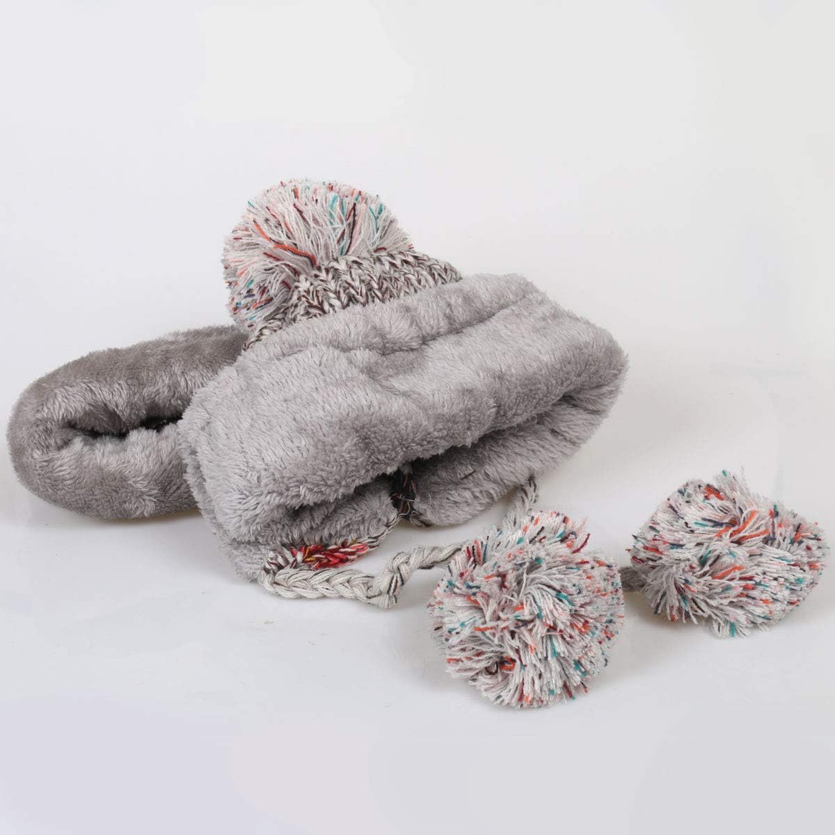 Ypser Women's Winter Warm Knitted Crochet Hat Fleece Lined Cable Faux Fur Pom Pom Beanie Hat Skull Cap