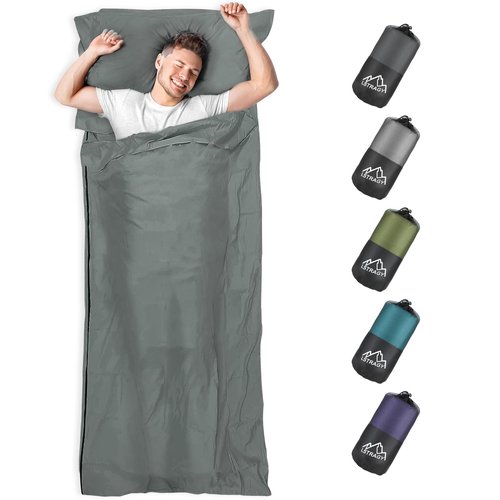 Sleeping Bag Liner, Updated Adult Sleep Sack & Travel Sheets with Foot Zipper, Lightweight and Portable Camping Sleeping Bag Liners - Ideal for Backpacking, Hostels and Camping Dark Gray