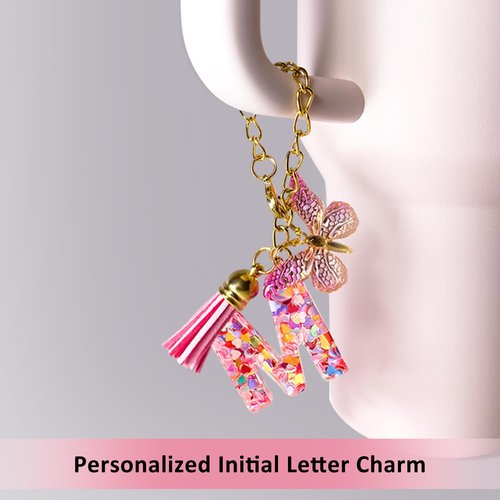 Compatible with Stanley Cup Accessories, Letter Charm and 3Pcs Silicone Straw Cover, 0.4" 10MM Straw Toppers for Stanley 30 40 oz Tumbler, Pink Initial Letter Charm with Butterfly and Tassel, Letter M