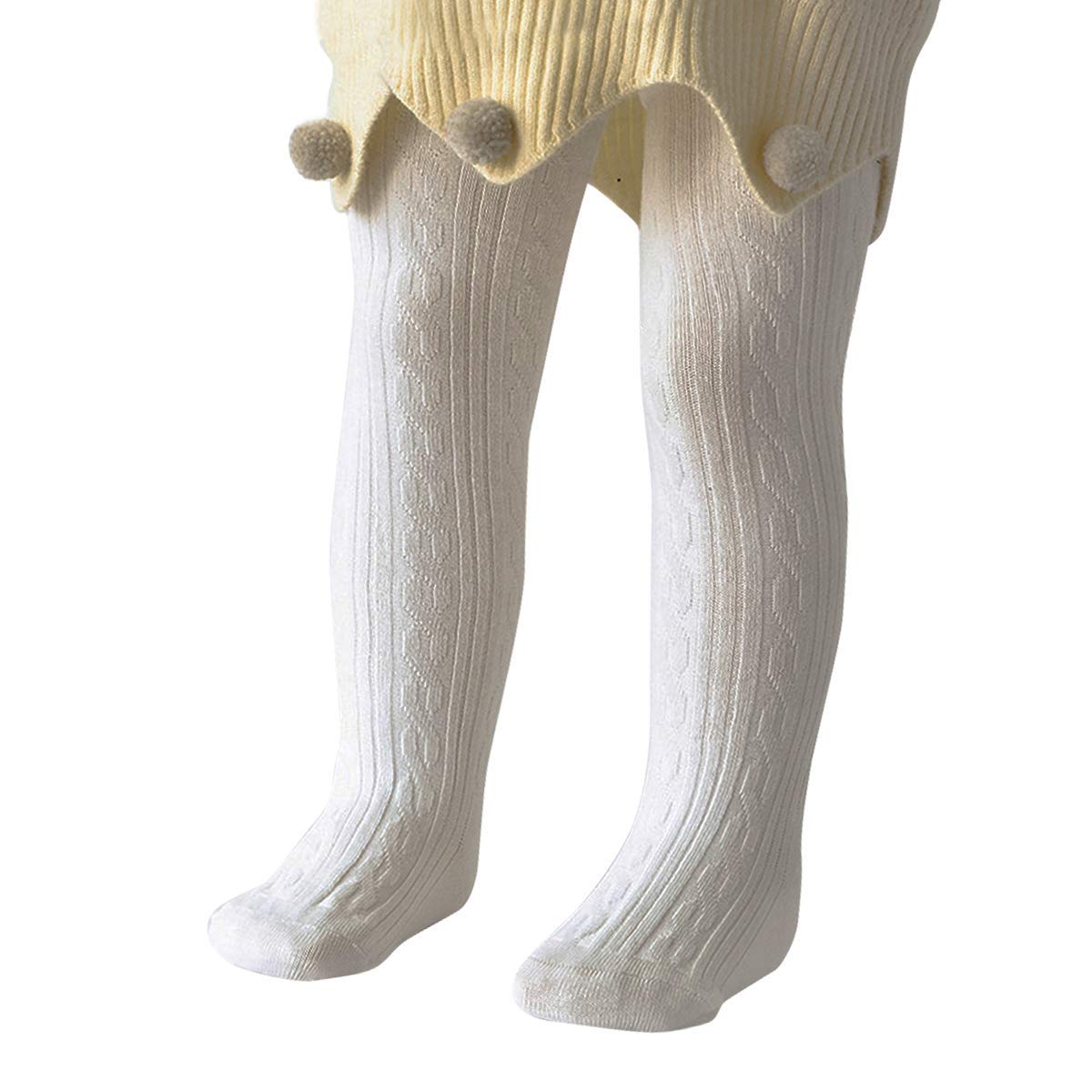 Zando Girls Cable Knit Tights 4-6 Cotton Footed White Tights for Girls Toddler Seamless Stockings Baby Leggings Kids Warm Pants Stretchy Pantyhose for Daily School Uniform 4-6 Years Cream White