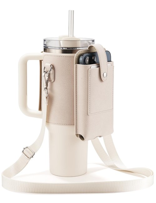 molshine Water Bottle Carrier Bag Holder with Phone Pocket Adjustable Strap for Stanley 30 40oz, Insulated PU Leather Cover Sleeve Sling Crossbody Bag for Walking Camping Hiking Travelling (Beige)