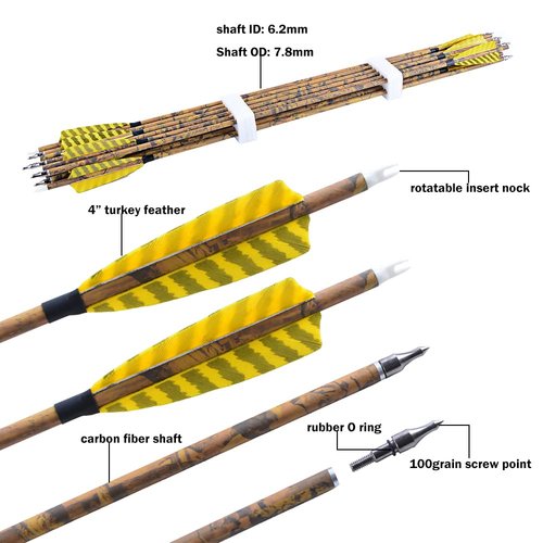 ZSHJGJR 30” Archery Carbon Arrows Hunting Arrows with 4” Turkey Feather Removable Tips Targeting Practice Arrows 500 Spine for Compound & Recurve & Traditional Bow 6/12pcs (12)