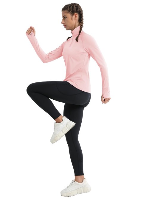 MAGCOMSEN 1/4 Zip Pullover for Women Warm Fleece Lined Shirt Long Sleeve Workout Running Top with Collar LightPink, M