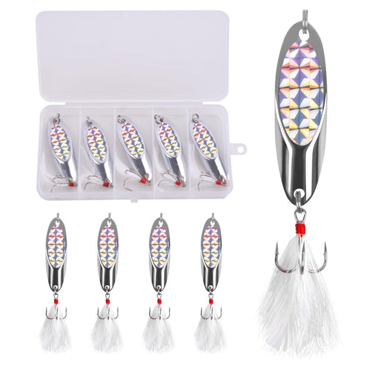 5 Pcs Fishing Spoon Lures Kit - Casting Master Spoon Metal Jig Trout Lures for Saltwater Freshwater, Reflective Spoons Bait with Treble Hooks Fishing Tackle 1/5 OZ - 1 OZ (1 OZ)