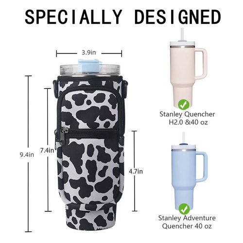 PETSTAY Water Bottle Carrier Bag with Phone Pocket for Stanley Quencher H2.0 & Adventure 40oz Tumbler, Adjustable Shoulder Hand Strap, Accessories for Walking Hiking Travelling Camping (Cow)