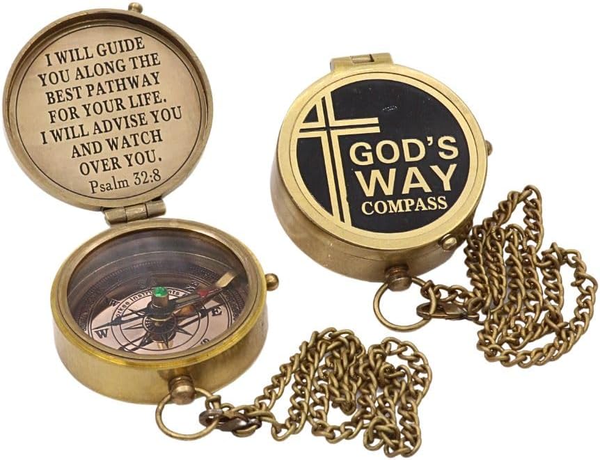 God’s Way Compass, Psalm 32:8, Solid Brass Directional Engraved Compass, Baptism Gifts for Boys Girls, First Communion, Christian Gifts for Men, First Confirmation Gifts for Boys Catholic Gifts