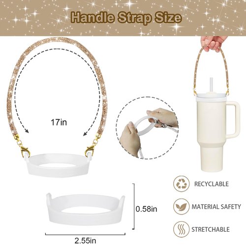 VirgoCCY 5PCS Stanley Cup Accessories Set 30&40 Oz, Includes 1 Diamond Glitter Silicone Boot, 1 Glitter Handle Strap, 1 Straw Covers,1 Straw Adapters Charm Blank with 1 Glitter Charms, Gold