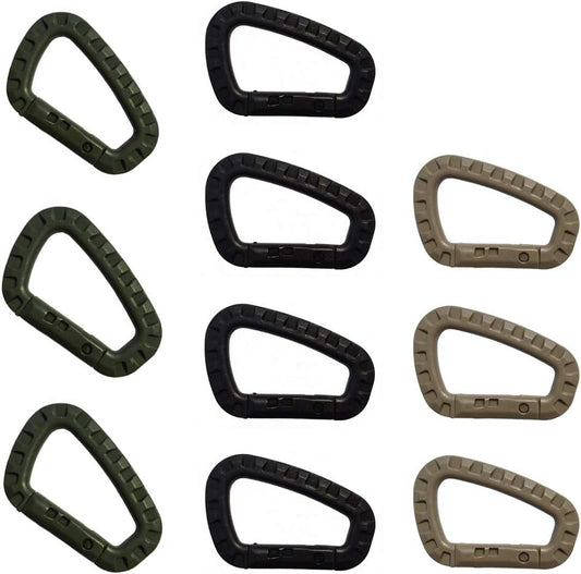 JCPLYNN Carabiner Tactical 10Pcs/12Pcs Enforcement Polymer Light Weight D-Ring Locking Hanging Hook Tactical Link Snap Keychain (10Pcs Black/Khaki/Dark Green)