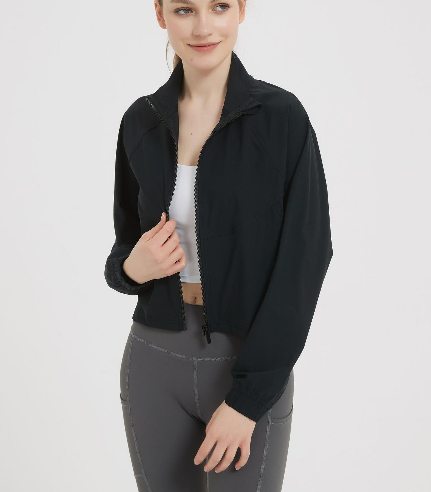 happlan Women's UPF 50+ Sun Protection Athletic Running Gym Yoga Long Sleeve Cropped Zip Up Workout Shirt Track Jacket