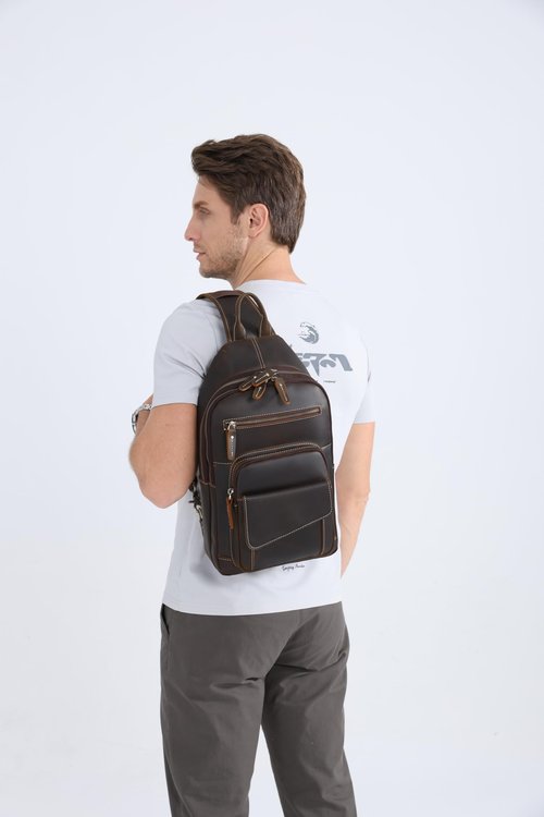 LANNSYNE Vintage Full Grain Genuine Leather Casual Sling Bag For Men Hiking/Travel/Business Crossbody Chest Bag Fits 12.9 Inches iPad Daypack -Brown