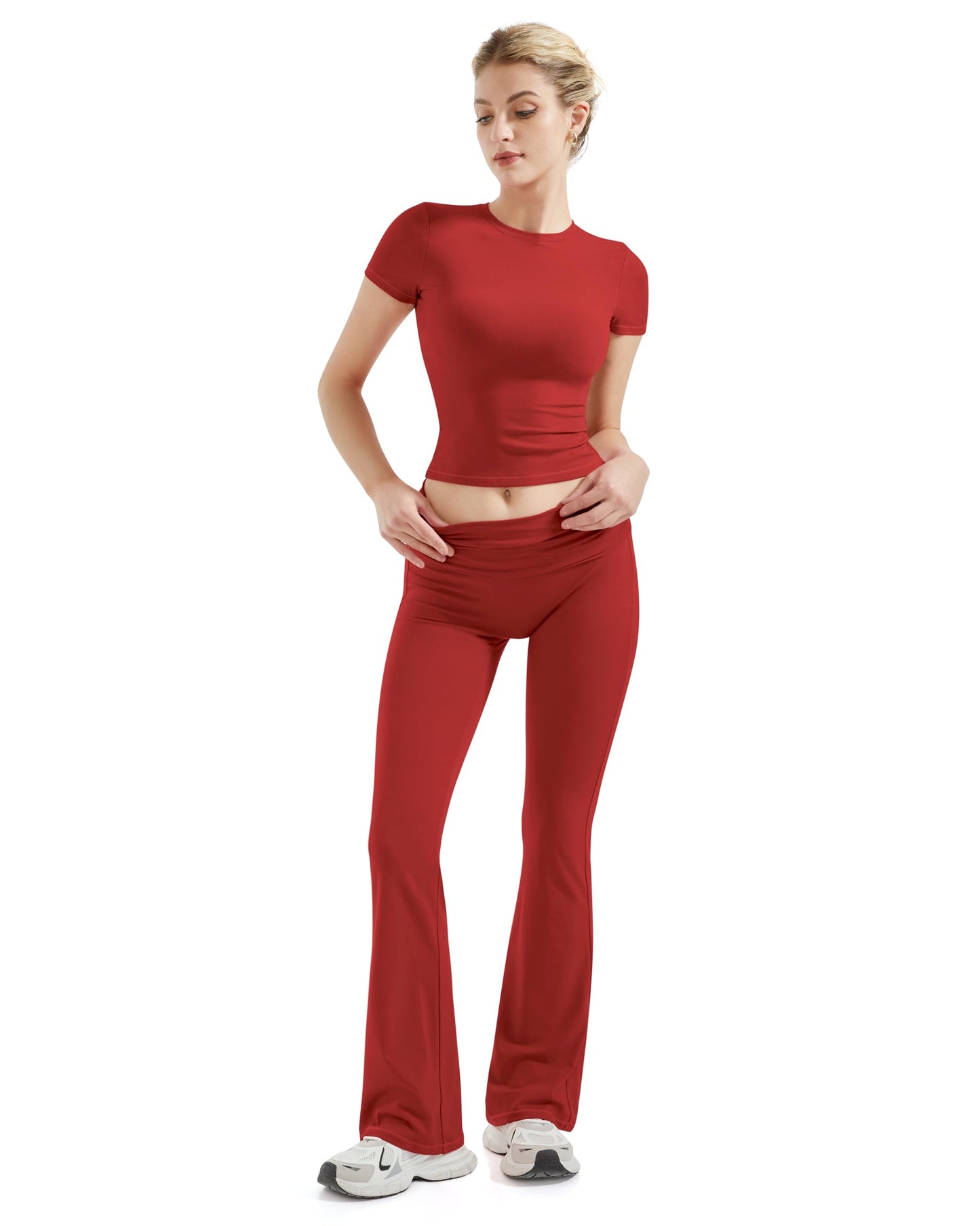 SUUKSESS Women 2 Piece Lounge Sets Going Out Y2K Foldover Pants Crew Neck Fitted Shirts Matching Pajamas (Red, S)