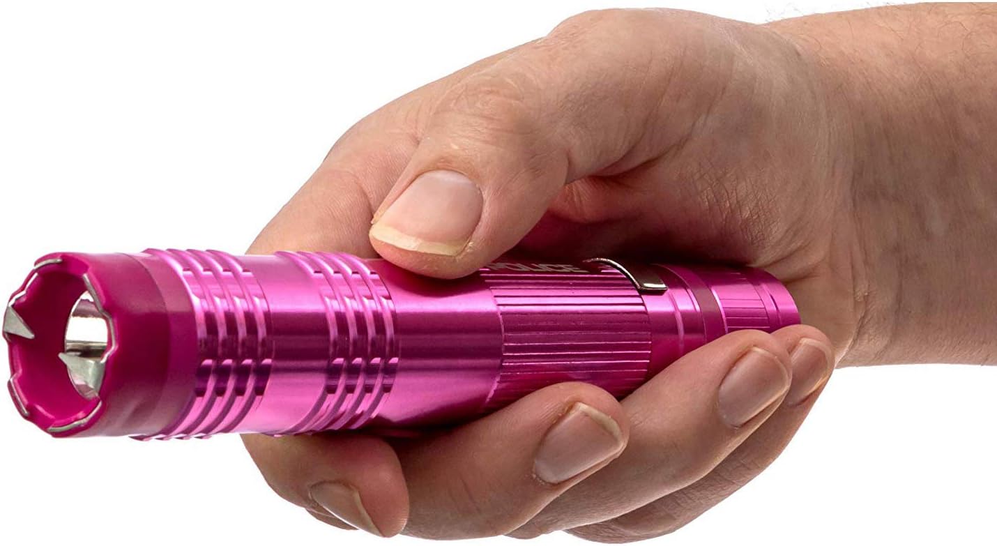 POLICE Stun Gun for Self Defense – M12 Aluminum High Voltage Mini Rechargeable with LED Flashlight, Compact & Heavy Duty – Personal Security for Women – Pink