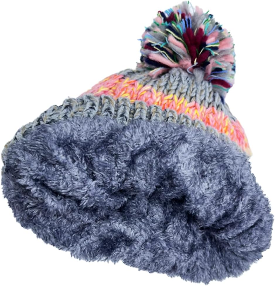 Ypser Women's Winter Warm Knitted Crochet Hat Fleece Lined Cable Faux Fur Pom Pom Beanie Hat Skull Cap