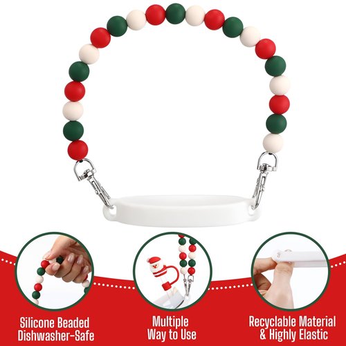 Skylety 5 Pcs Silicone Accessories Set for 8-40 oz Tumbler - Includes Silicone Beaded Bottle Strap, Leather Tassel Charm, Straw Cover, Rubber Cup Ring (Red, Green, Christmas)
