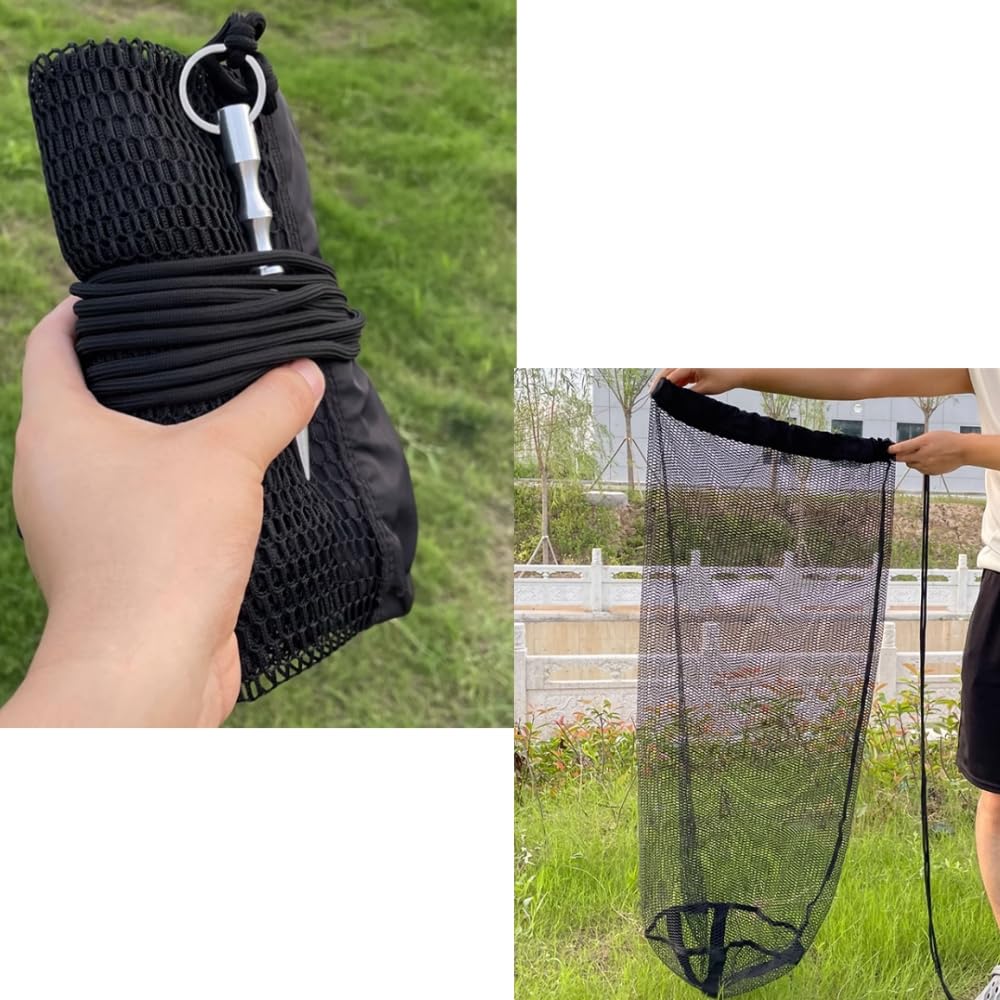 1Pcs Collapsible Fish Collection Bag - Portable Nylon Fishing Net with Drawstring and Lure Holder, Black