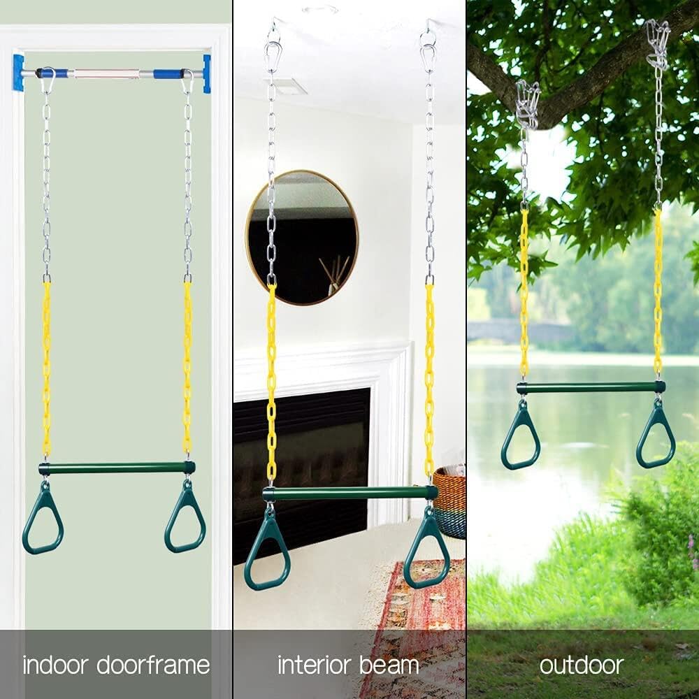 LadyRosian Gym Rings Trapeze Swing Bar 16", Heavy Duty 47" Chain Swing Set Accessories with Locking Carabiners, Monkey Bars for Backyard, Playground, Playroom