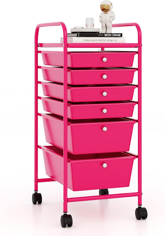 RELAX4LIFE 6-Drawer Rolling Storage Cart - Classroom Organization on Wheels w/Removable Plastic Drawers, Mobile Art Craft Cart for School Paper Home Office, Utility Cart with Drawers (Macaron)