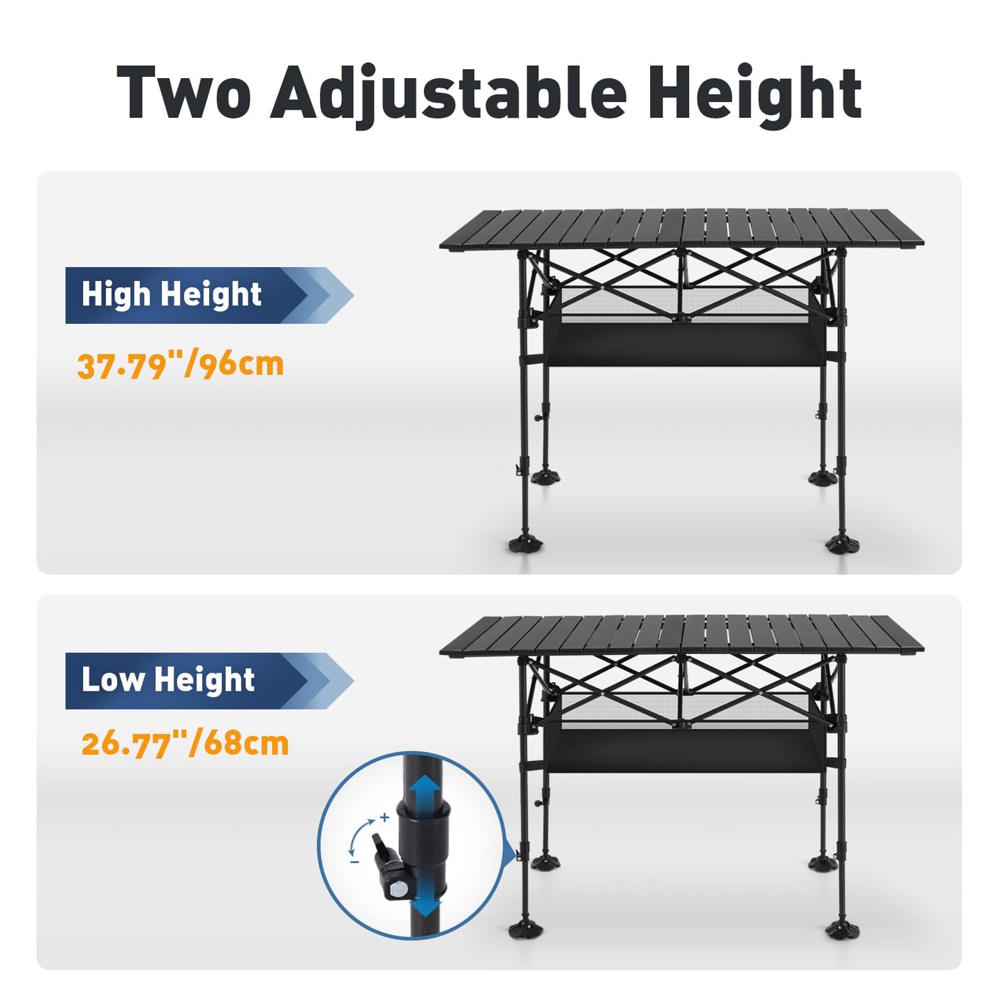 ALPHA CAMP Folding Camping Table, Portable Roll-up Table with Adjustable Height, Large Storage Bag and Carrying Bag, Tall Aluminum Table for Indoor & Outdoor Picnic BBQ Backyards Beach
