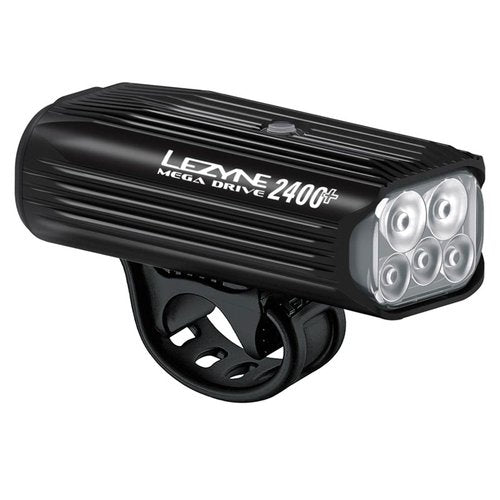 LEZYNE Mega Drive Bicycle USB-C Rechargeable IPX7 White LED Front Light with Multiple Solid & Flash Modes | Integrated Silicone Rubber Strap Mount | 2400 Lumens, Black Gloss