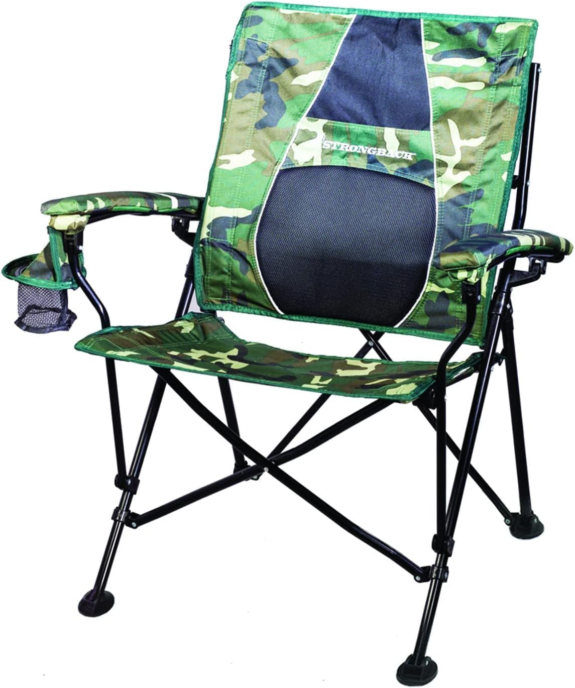 STRONGBACK Elite Folding Camping Lawn Lounge Chair Heavy Duty Camp Outdoor Seat with Lumbar Support and Portable Carry Bag - Navy/Grey
