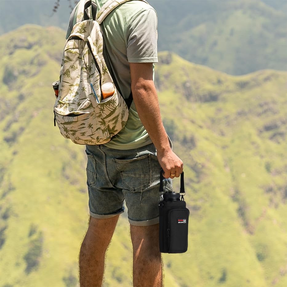 32 oz - 64 oz Black Neoprene Bottle Holder with Strap and Pocket for Walking, Travel and Hiking