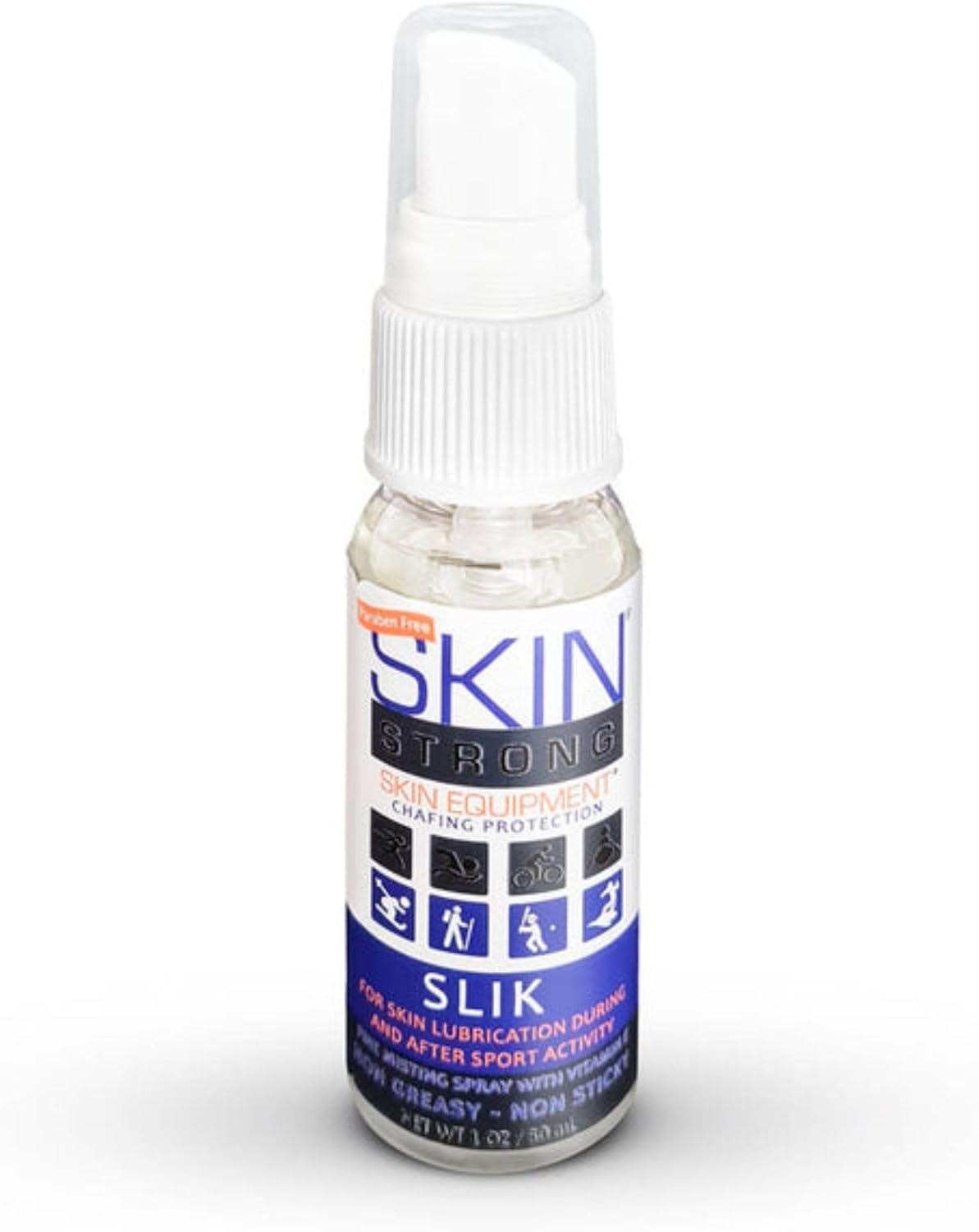 Skin Strong Slik Anti-Friction and Anti-Chafe Spray. Eliminates Chafing and Defends Against Friction. Quick Spray Application for Feet, Thighs, Bras, and Wetsuits. Non-Greasy and Non-Staining.