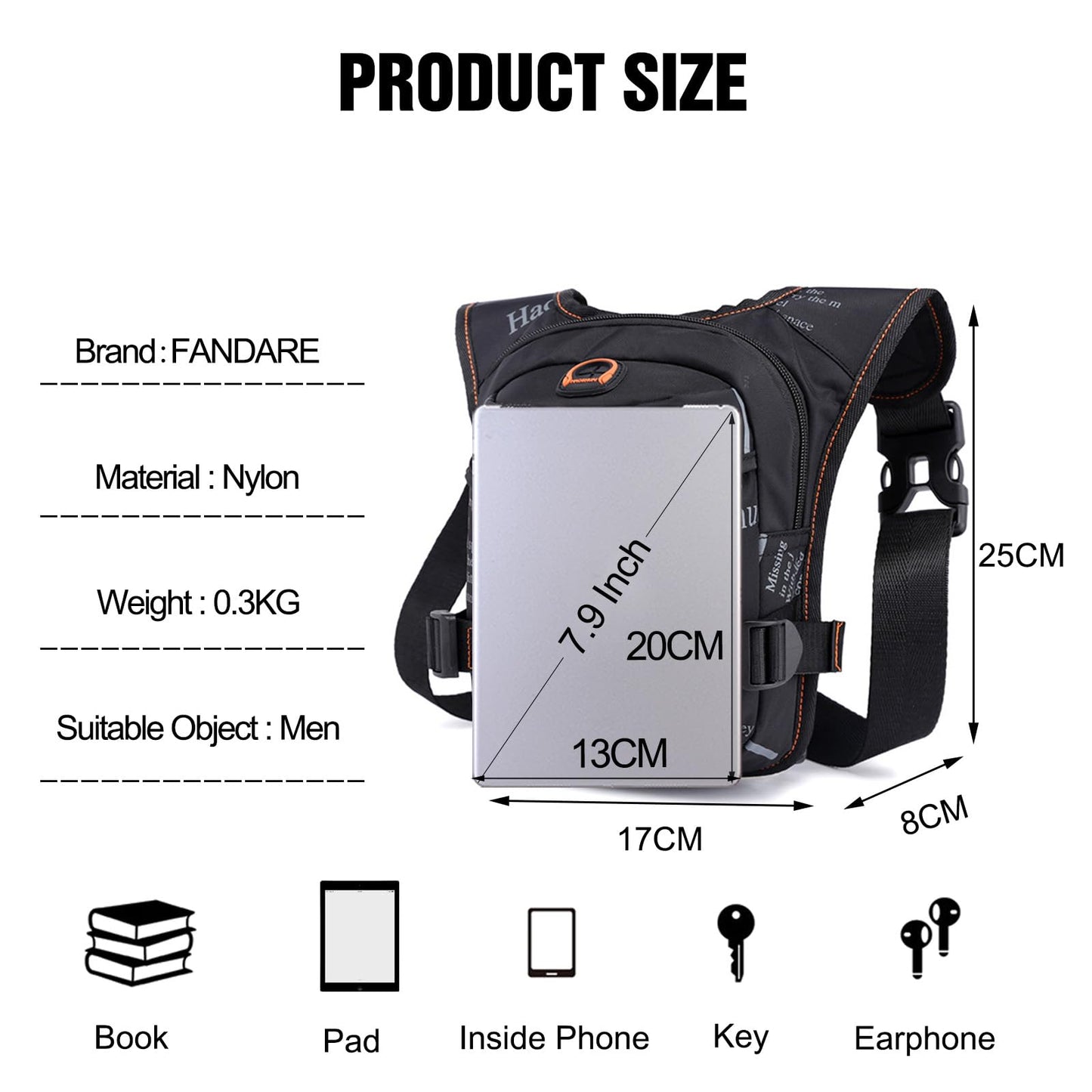FANDARE Thigh Drop Leg Bag for Men Women with Leg Strap Waist Fanny Pack Bumbags Sling bag Motorcycle Chest Crossbody Cover Pack for Cycling Travel Outdoor Sport Gym Shoulder Bag Black