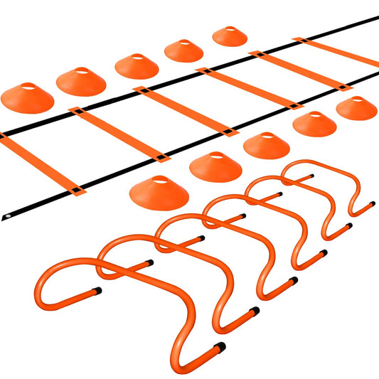 TNZMART Agility Ladder and Sport Hurdles Training Set with 10 Plastic Sport Cones Adjustable Ladder for Training (Orange，6 Hurdles)