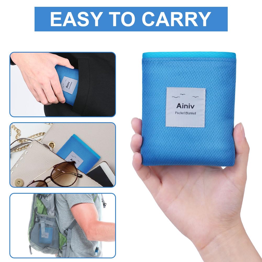 Ainiv Picnic Blanket, Mini Pocket Beach Mat 43.3 x 55.1IN (2-3 People) Foldable, Lightweight Waterproof Sand Free, Foldable Thin Ground Sheet for Outdoor Camping Hiking Travel - with Hand Strap