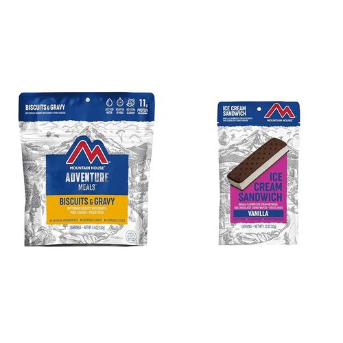 Mountain House Biscuits & Gravy Freeze Dried Backpacking Meal 2 Servings + Vanilla Ice Cream Sandwich Freeze Dried Backpacking Snack 1 Serving