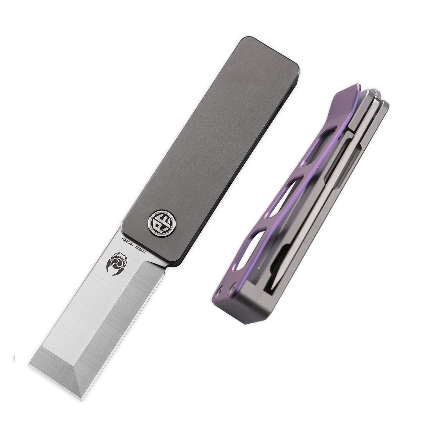Petrified fish PFE09 Cash Folding Knife,1.81" 14C28N Satin Blade, 1.69oz Titanium Handle Front Flipper Pocket knife for EDC (Purple)