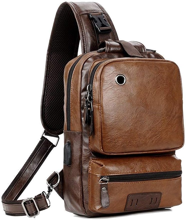 Small Black Sling Crossbody Backpack Shoulder Bag for Men Women Vintage PU Leather Sling Backpack Cycling