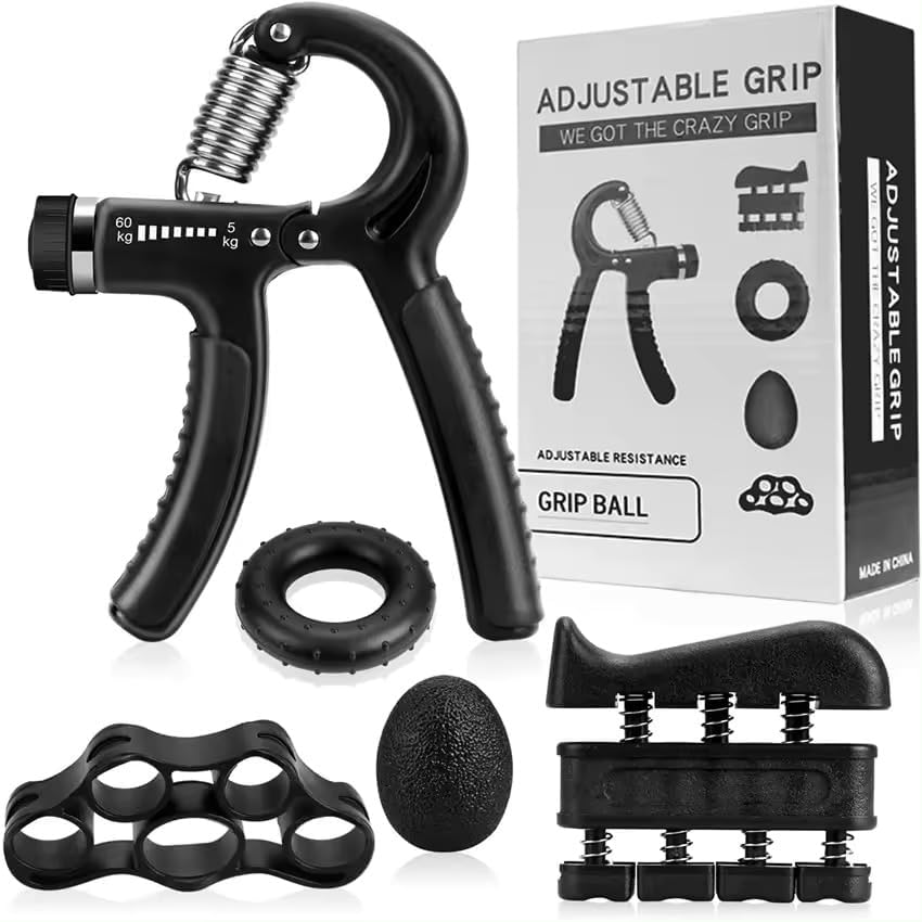 Hand Grip Strengthener Exercise Kit with 5 Pieces, Hand Exerciser for Men Women, Power Hand Grip Trainer, Finger Stretcher, Grip Ring, Stress Relief Ball, for Grip Strength Training (Black)