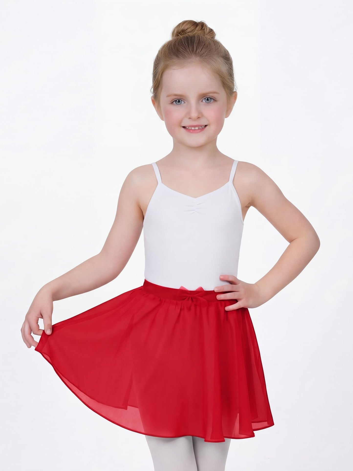 Stelle Girls Ballet Skirt, Chiffon Dance Skirt for Girls with Mesh Bowknot, Elastic Waist Pull-on Skirts for Ballet (Red,6-7Years)