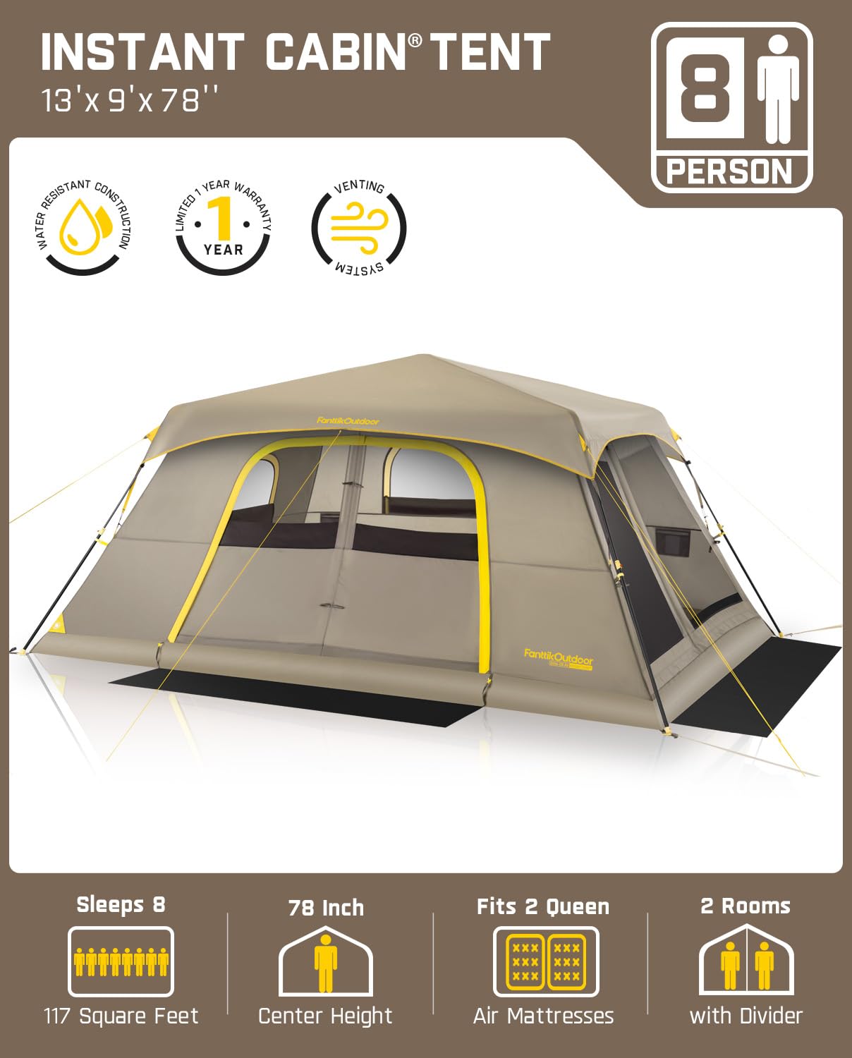 FanttikOutdoor Zeta C8 Air Camping Tent, Lightweight 8 Person Instant Cabin Tent Setup in 60s, 20% Lighter, Ultralight with Carry Bag for Family Camping & Hiking, Upgraded Ventilation