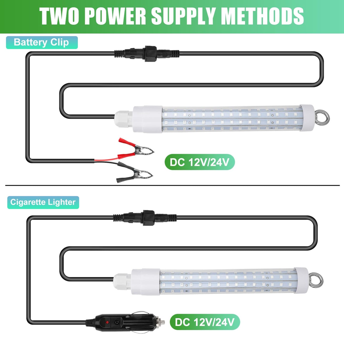 120 2835 SMD LED Underwater Fishing Light，8" 10.5W DC 12V 1000ML Green Night Fishing Finder Attractor, IP68 Submersible Boat Lamp for Lure Bait Snook Crappie, 22.3ft Cord Wire &Cigarette Adapter Wire