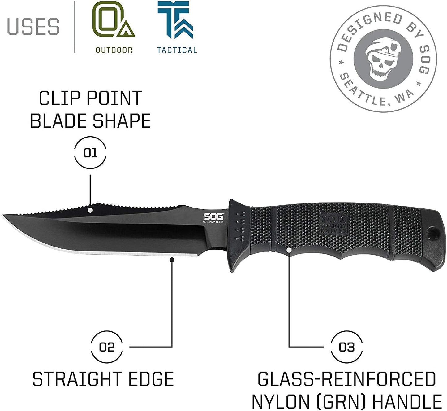 SOG Seal Pup Elite Tactical Fixed Blade- Survival and Hunting Knife with Sheath, 4.75 Inch Combat Knife Blade (E37T-K)